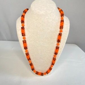 💎Matinee Necklace Cranberry Red And Tangerine Orange Flower Cut Beads